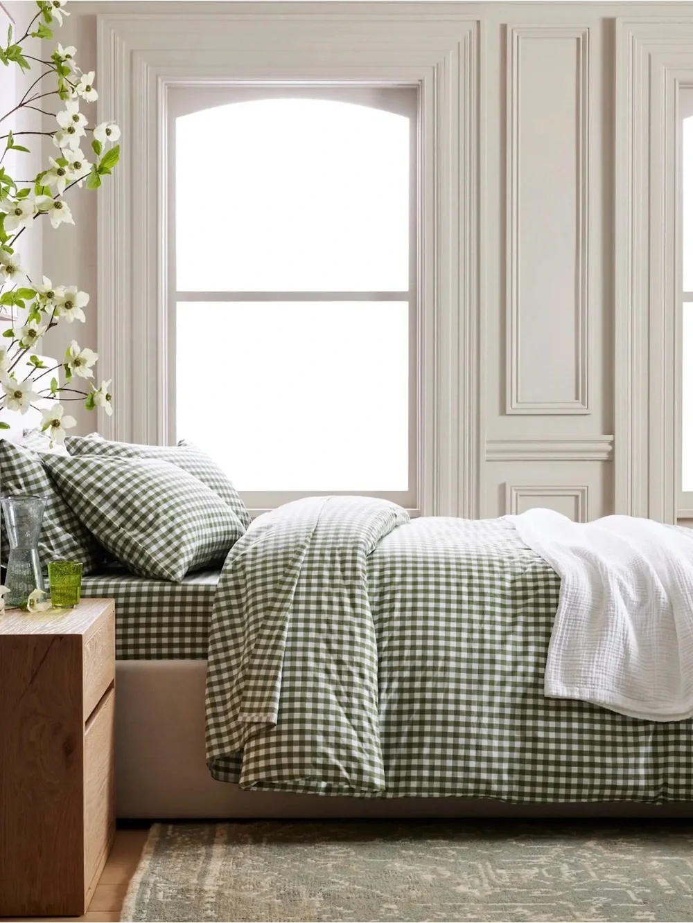 Quince Organic Cotton Percale Olive Gingham Duvet Cover Set in King/Cal King 873